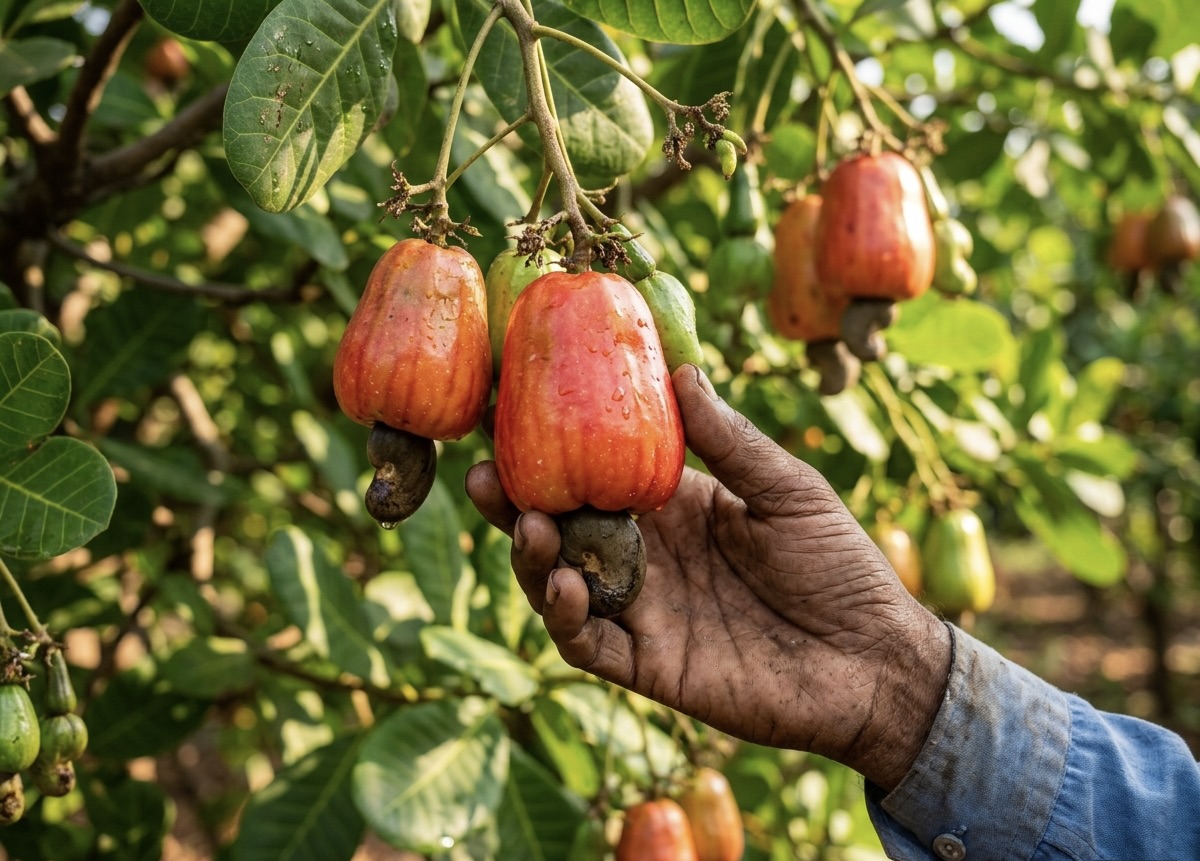 Cashew apple and raw nut on the tree in our Konkan orchard