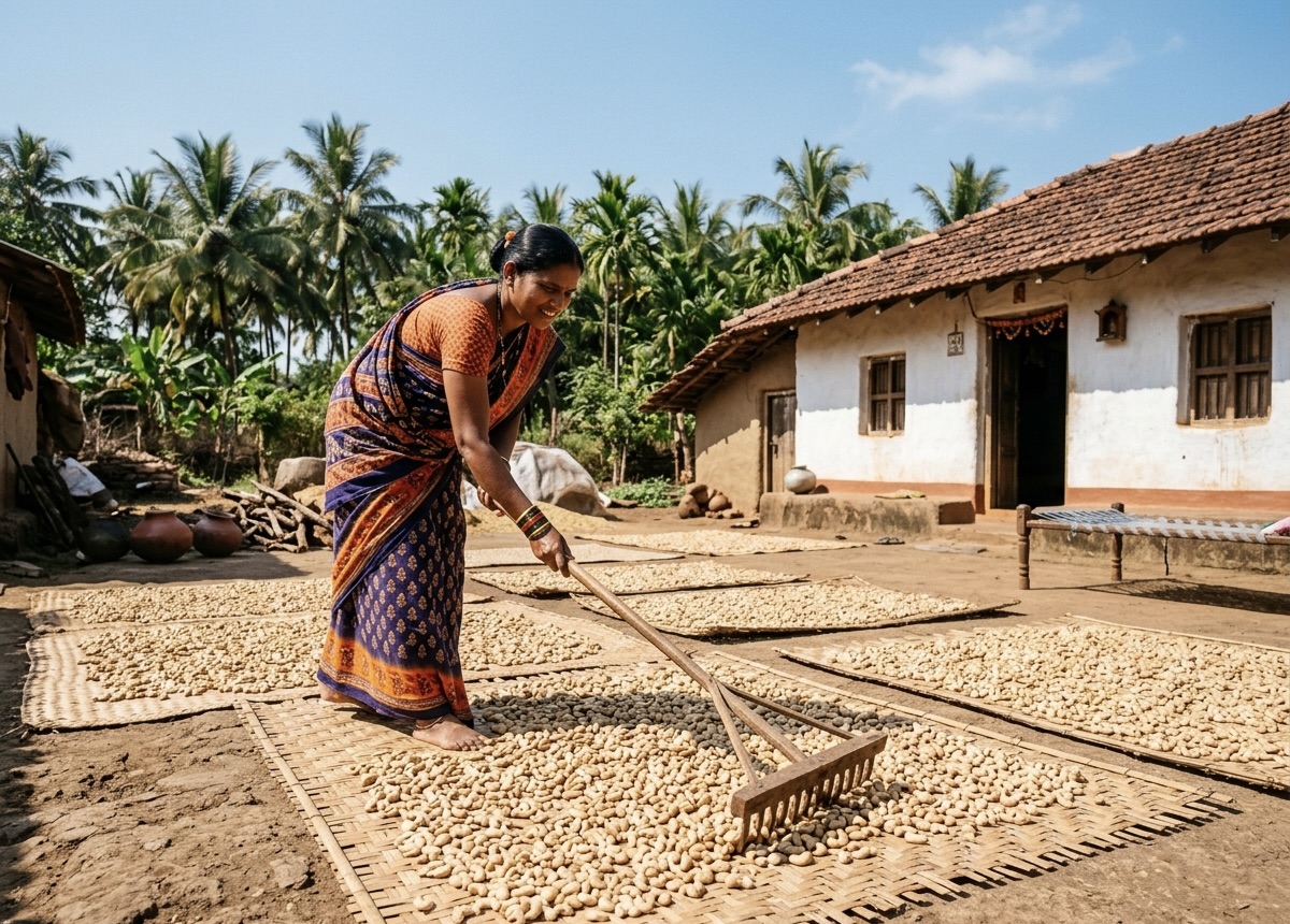Cashews sun drying on bamboo mats in the Konkan sun