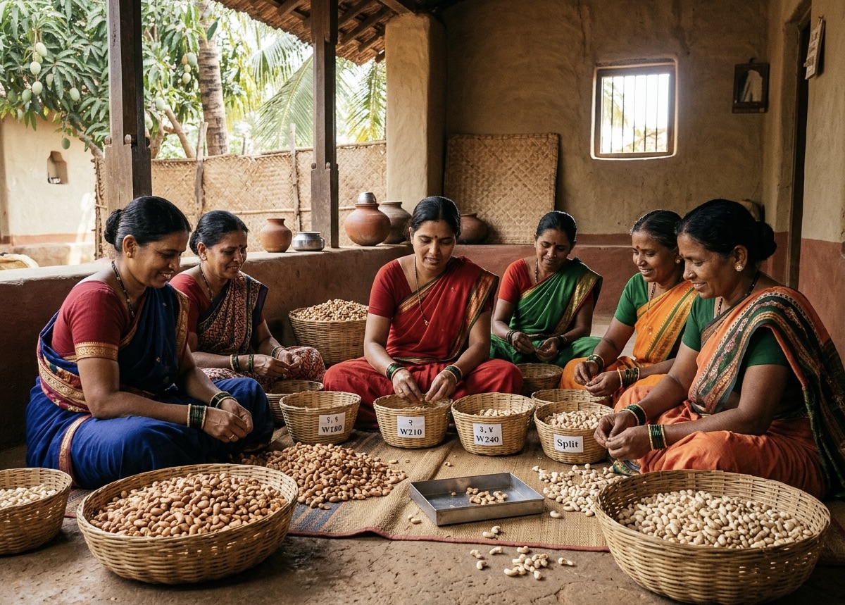 Village women hand grading cashews by size and quality