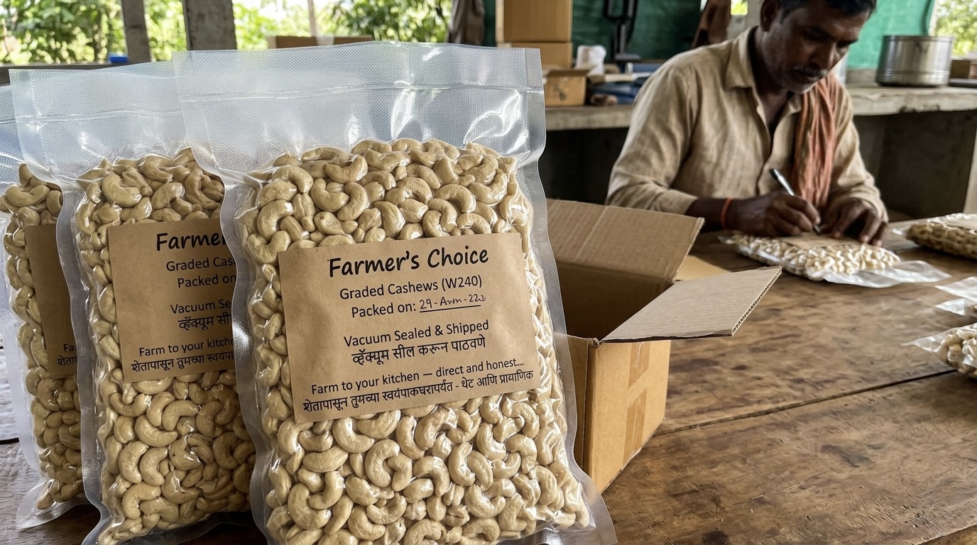 Vacuum sealed cashew packs ready to ship from the farm